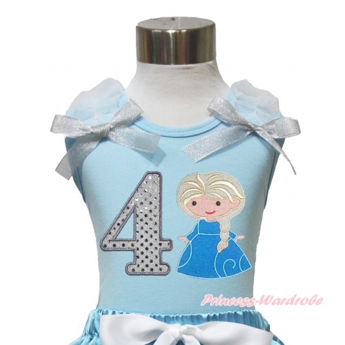 Light Blue Tank Top With White Ruffles & Sparkle Silver Grey Bow With Princess Elsa & 4th Sparkle White Birthday Number Print TM272